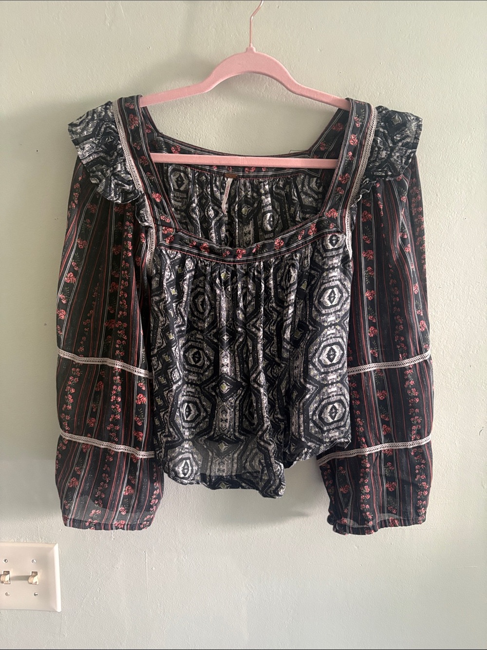 Free‎ People Women Mostly Meadow Dark Floral Peasant Square Neck Blouse Top XS